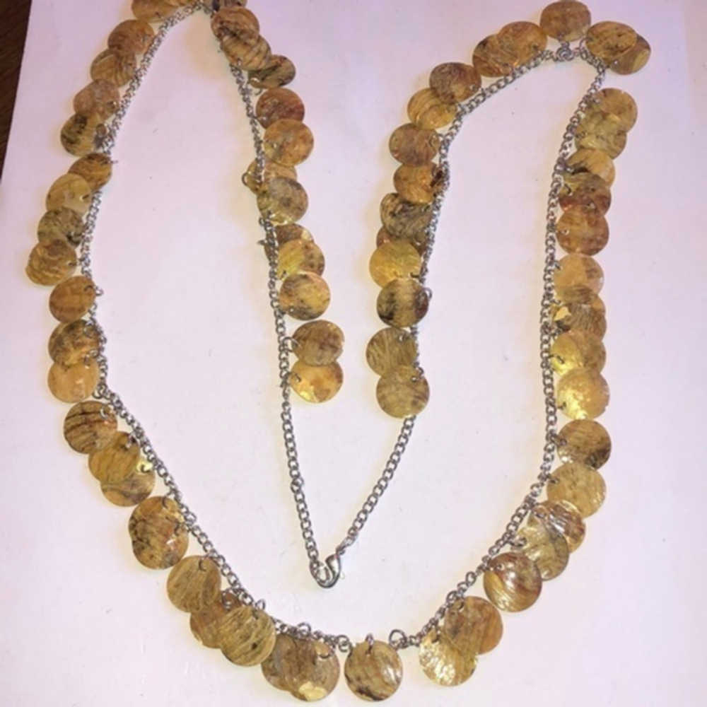 34” Silver Tone & Dangling Mother of Pearl Shell Boho Necklace